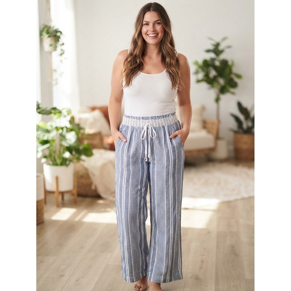 Rewash Striped Linen Blend Smocked Waist Boho Beach Pants XL Festival Loungewear